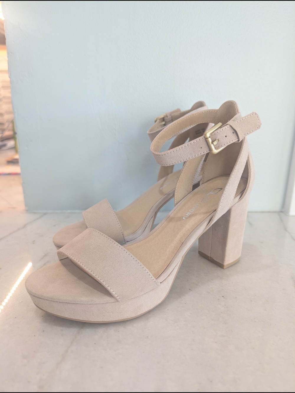 CL By Laundry Faux Suede Nude Ankle-Strap Block Heel.Platform Sandals 7.5
